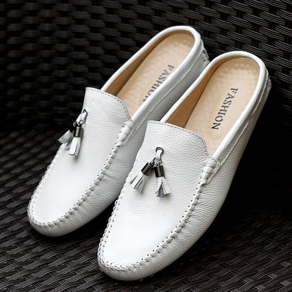 

tassel half shoes for men summer genuine leather loafer slip-on slippers casual backless driving loafers for man mule masculino, Black