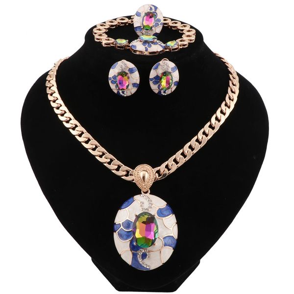 

cynthia vintage enamel colorful crystal jewelry sets for women elegant pendant necklace earrings bracelet ring anniversary gift, Silver