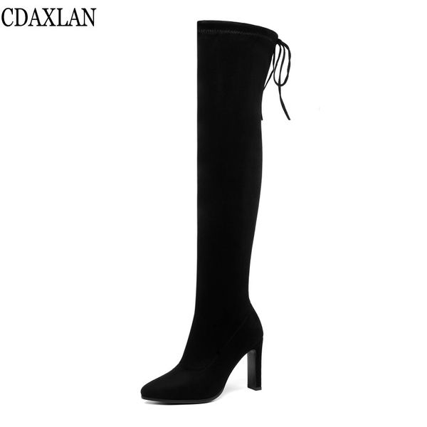 

cdaxialn new arrivals women's boot faux suede fabric over-the-knee boots high heels pointed toe strech cloth thigh boots winter, Black