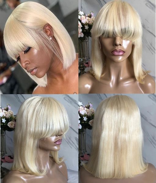 Short Bob Cut Lace Front Wig With Bang 613 Blonde Color Brazilian