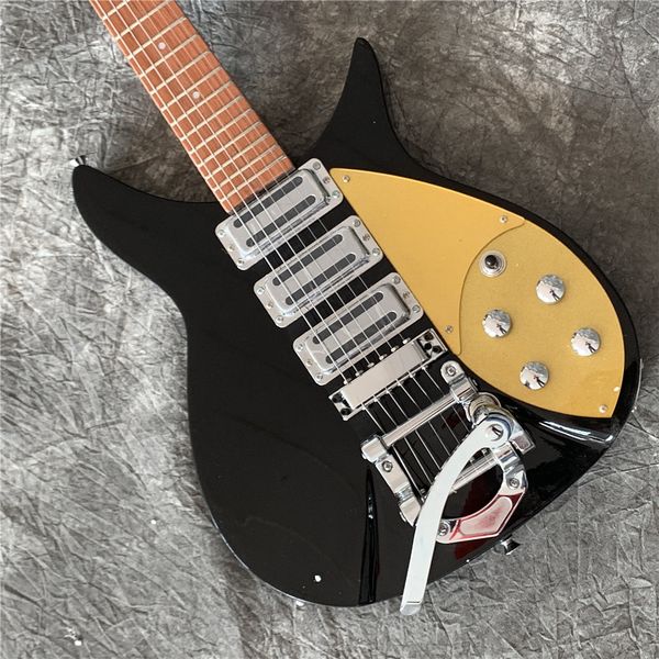 

ric john lennon 325 short scale length 527mm jetglo 6 string black electric guitar bigs tremolo, brown lacquer paint fingerboa