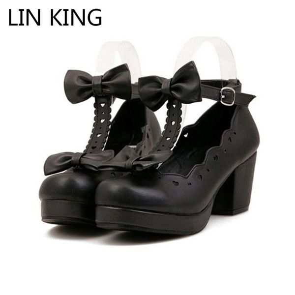 

lin king fashion buckle women mary janes pumps t-strap women high heel shoes sweet bowtie lolita shoes girls cosplay party shoes, Black