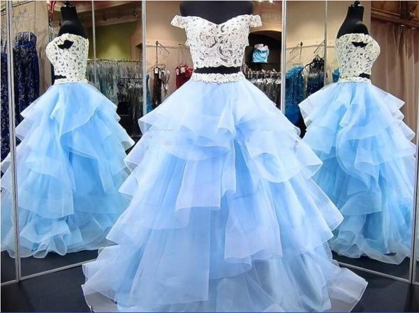 

two pieces prom dresses 2019 off the shoulder cap sleeves tiers skirt light sky blue dress party evening wear tulle homecoming dress, Red