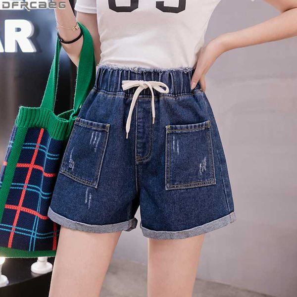 

causal summer women denim shorts loose wide leg plus size short femme burrs scratch ripped elastic waist drawstring jean shorts, White;black