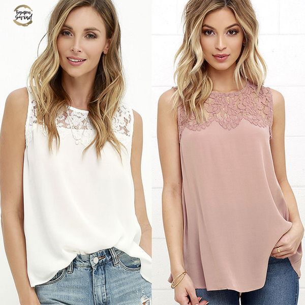 

2019 summer new fashion casual loose large size solid lace stitching round neck sleeveless hollow out chiffon shirt, White