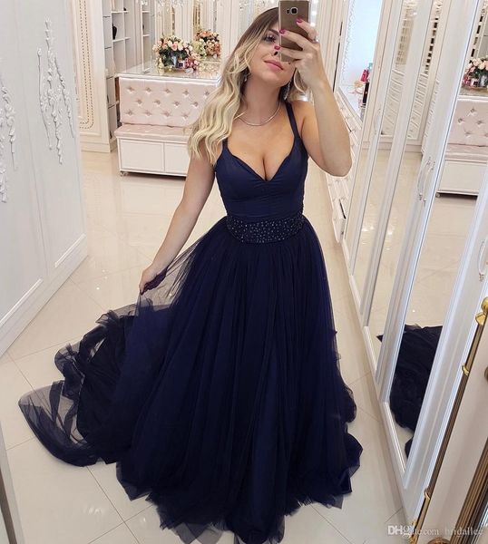

fitted navy blue prom dresses v neck floor length tulle beaded sash dresses evening wear plus size turkey junior formal gown 2019 cheap, Black