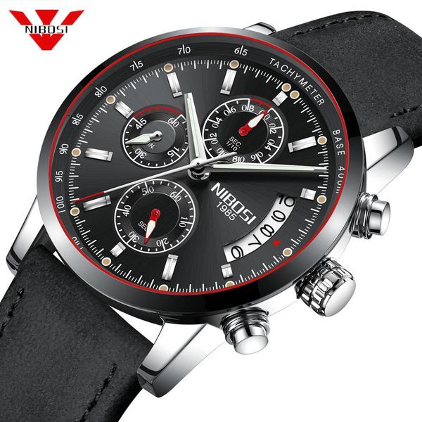 

nibosi men watch brand luxury male leather waterproof sport quartz chronograph military wrist watch clock relogio masculino, Slivery;brown