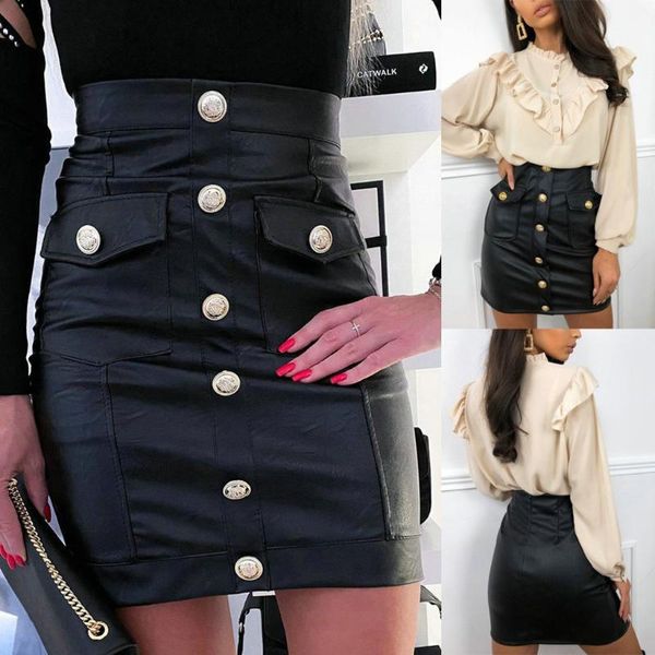 

women single breasted leather elegant midi skirt women 2020 autumn high waist office ladies slim elegant a-line skirts, Black