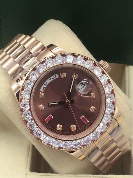 

wholesale watch day date 43mm mens mechanical wristwatches stainless steel automatic movement watch big diamond watch wholesale, Slivery;brown