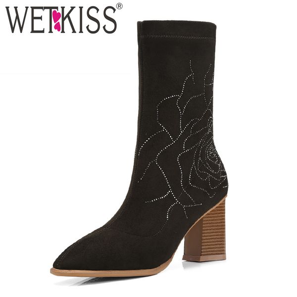 

wetkiss black wood high heels women stretch boots fur suede footwear fashion rubber boot square toe shoes women 2018 new autumn