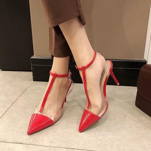 

new pumps 2019 new stiletto high-heeled pointed t-band wild transparent female sandals one-button buckle fairy shoes, Black
