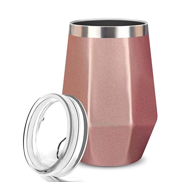 

12oz diamond wine tumbler egg tumbler flatled insulated wine glass, stainless steel stemless vacuum outdoor wine glasses with lid, 12oz, unb