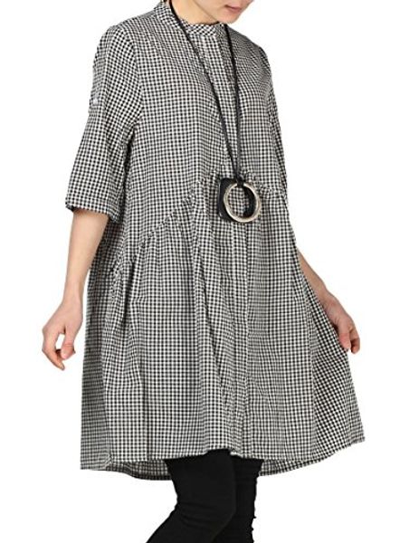 

mordenmiss women's plaid a-line shirt dress button down half sleeves blouse, Black;gray