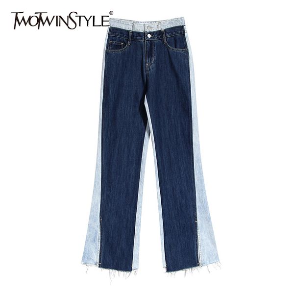 

twotwinstyle elegant patchwork women full length pants high waist hit color side split wide leg pant female fashion clothes tide, Blue