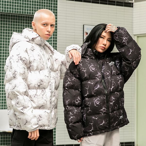 

trendy cool winter cotton coat for women men statement letter marbling coat hooded thick couple clothes outwear zipper choker, Black