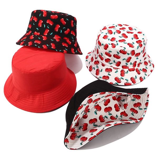 

2019 new cotton print fisherman hat men and women japanese small fresh and lovely cherry flat bucket sun hat beanies, Blue;gray