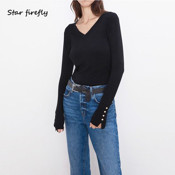 

star firefly wild self-cultivation solid color lantern sleeve sweater female autumn thin button long-sleeved v-neck knitwear, White;black