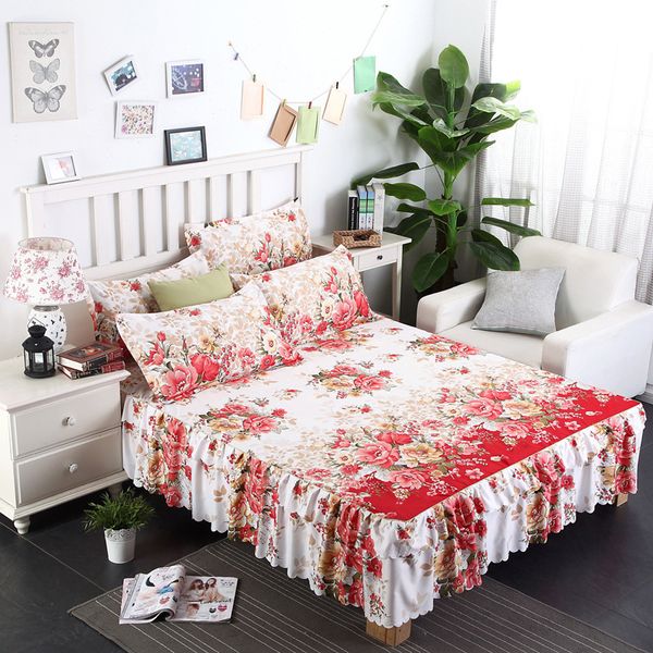 

red apricot flower home bed sheet cotton bedding bedspread bed skirt