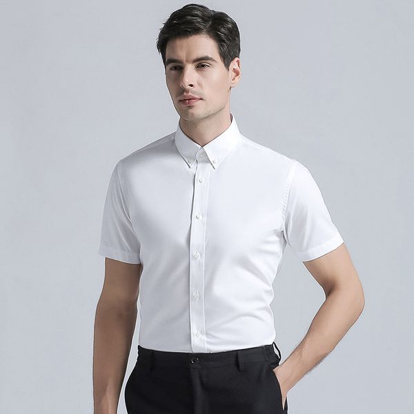 

2020 new arrivals men dress shirts cotton blend short sleeves solid color mens buckle collar business shirt white, White;black