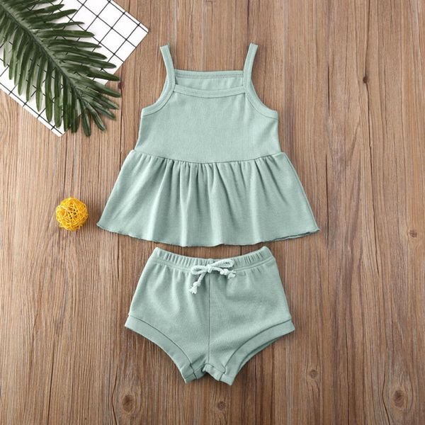 

2020 baby summer clothing 2pcs infant baby girl clothes solid sleeveless dress+shorts pants ribbed outfits, White