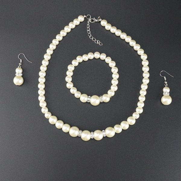 

fashion 2019 women party bridal jewelry sets wedding faux pearl drop earrings necklace bracelet bangles set, Silver