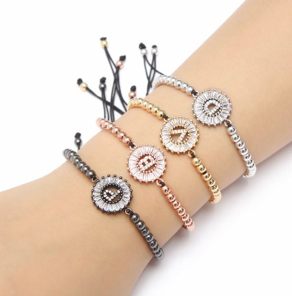 

micro pave copper white cz cubic zirconia rope adjusted beads bracelet 26 alphabet initial charm braided bangles letters thg2, Black