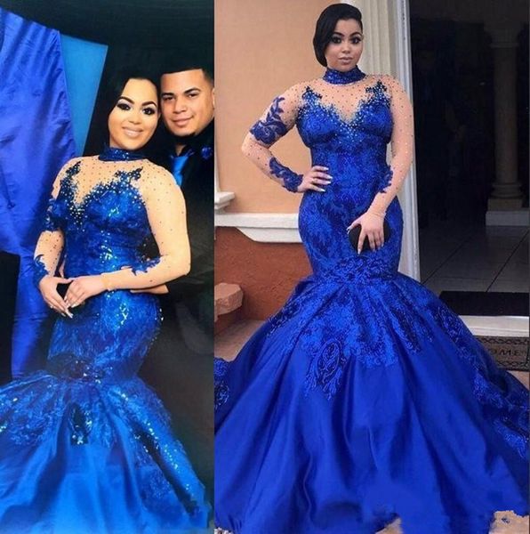 Desgaste nova Arábia Saudita Royal Blue Prom Vestidos alta Neck Nude malha Plus Size mangas compridas Evening vestidos de cetim sereia Mulheres do partido Forma