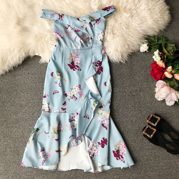 

amolapha women summer off-shoulder slash neck floral printed fishtail buttock dresses irregula ruffled hem dress vestidos, Black;gray