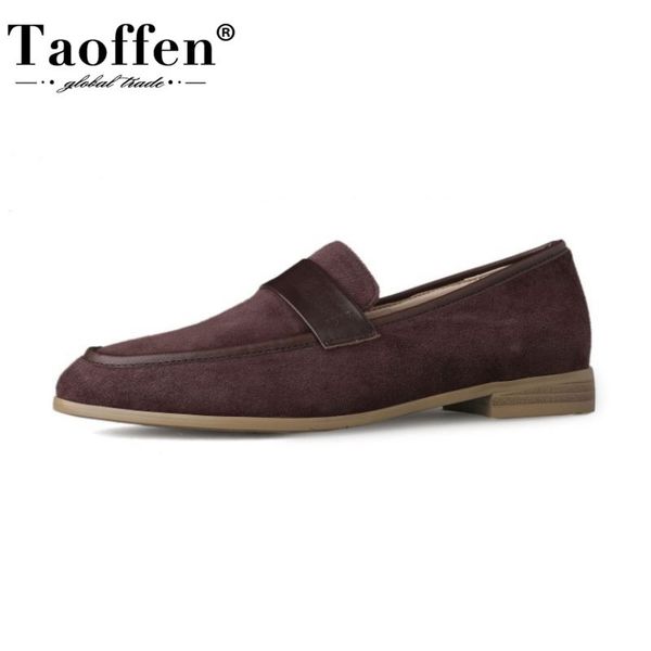 

taoffen new women flat shoes fashion round toe square low heels shoes women nice genuine leather casual footwear size 34-39, Black