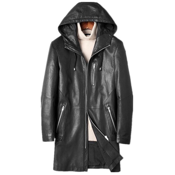 

men's leather jacket spring autumn jacket men hooded genuine sheepskin coat windbreaker long coats plus size veste homme my1843, Black