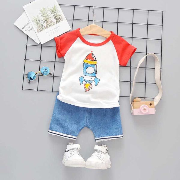 

детские мальчики одежда лето ракета малыш детская одежда младенческой короткий комплект хлопок o-образным вырезом футболка джинсовые шорты 1, White