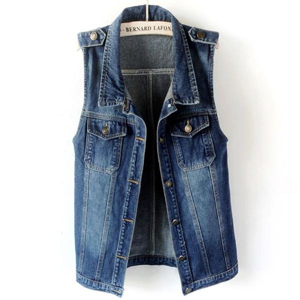 

fashion women long denim vest single breasted veste slim girls frayed turn -down collar tank plus size 2xl, Black;white