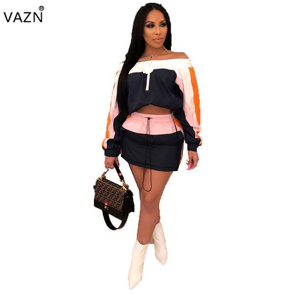 

vazn age reduction style 20019 new women 2-pieces set slash neck full sleeve mini skirts tracksuits set mdo9028, White