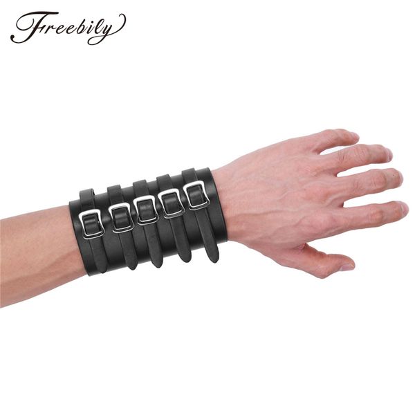 

fashion 5 buckles metal leather bracer punk style wrist party wide mens bracelet bracers protective arm armor cuff, Golden;silver