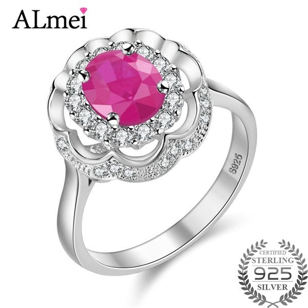 

almei fine gem oval ruby flower wedding ring real pure solid 925 sterling silver women red zircon jewelry with box 10% cj011, Golden;silver