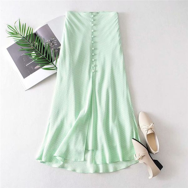 

2020 women sweet green polka dot long skirt female spring summer single breasted skirt women casual a-line high waist skirts, Black