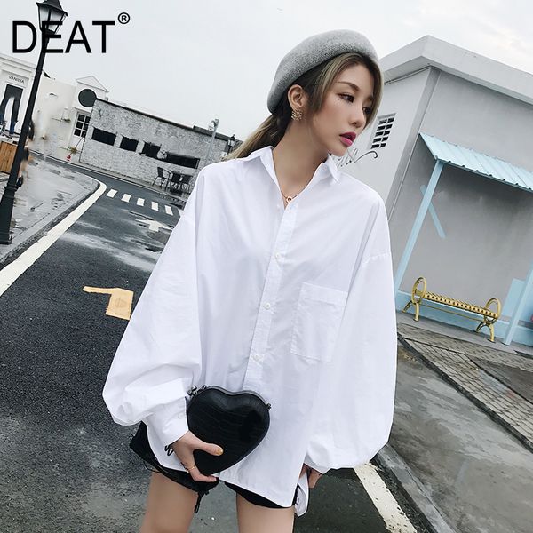 

deat] 2019 new spring summer white lapel puff long sleeve back long side open simple shirt women blouse fashion tide 1c137