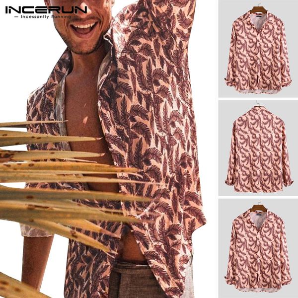 

fashion men big leaf printed button down shirts casual collar holiday hawaiian long sleeve blouse incerun camisa masculina 3xl, White;black