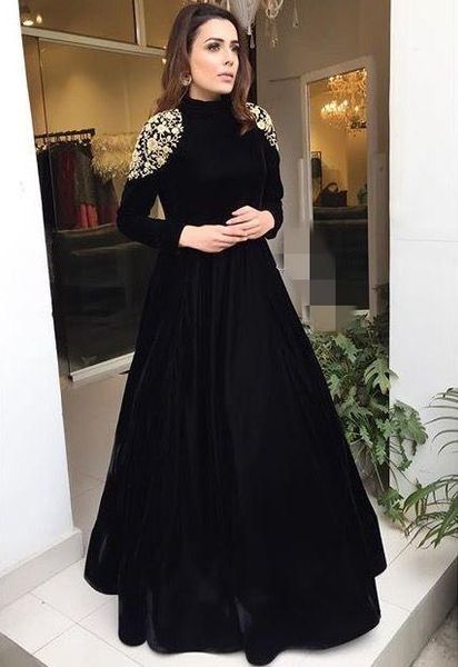 Elegant Black Long Sleeves Arabic Muslim Evening Dresses 2020 Gold Lace Applique A Line Floor Length Formal Party Prom Gown Dress Formal Dresses Women