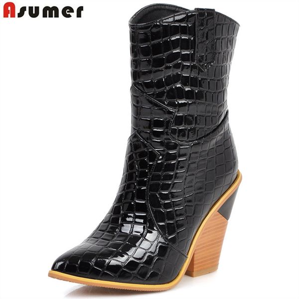 

asumer plus size 34-43 new women's embossed western boots thick high heeled autumn winter boots fashion ankle for women, Black