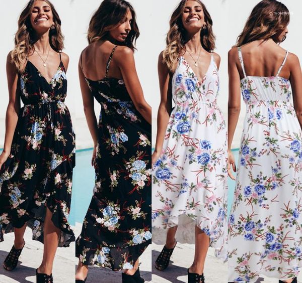 

spaghetti strap boho maxi dresses holiday fashion summer clothing women beach v chiffon dress floral, Black;gray