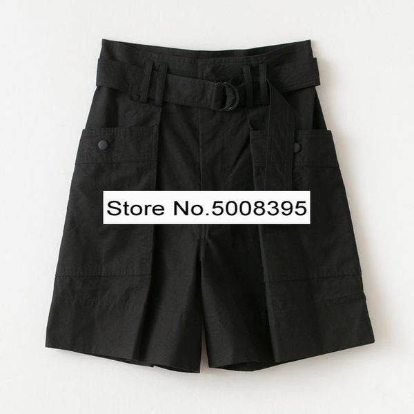 

[elfstyle] - woman fashion cotton shorts high waist with belt big pockets loose short pants 2020 new, White;black