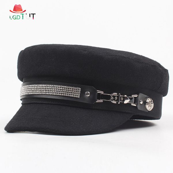 

2019 осень зима женские flat top military cap кристалл алмаза кожа pu military hat хлопок теплое duck caps женский черный cap y200102, Blue;gray