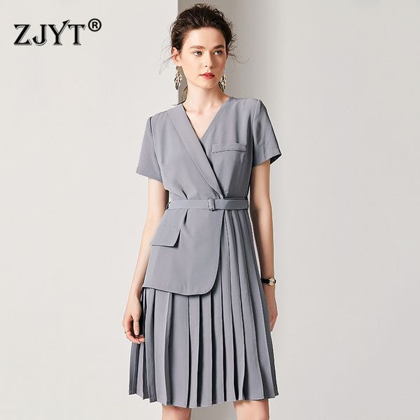 

elegant office lady work formal blazer dress summer 2019 new designer women short sleeve v neck simple solid pleated dresses, Black;gray