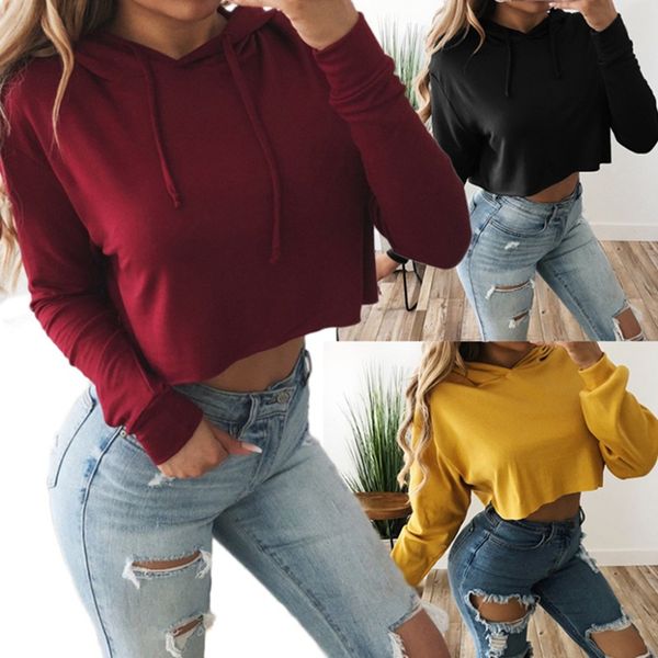 

2020 long sleeve hooded pullover lace-up solid color short loose fit thick hoodie women sweatshirt, Black