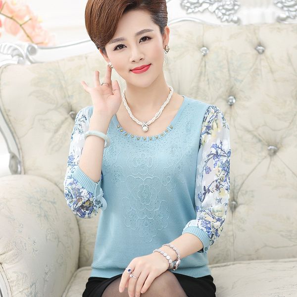 

women's spring chiffon sleeve shirt older women half sleeve flower print knitwear plus size mother pullover sweater w1172, White;black