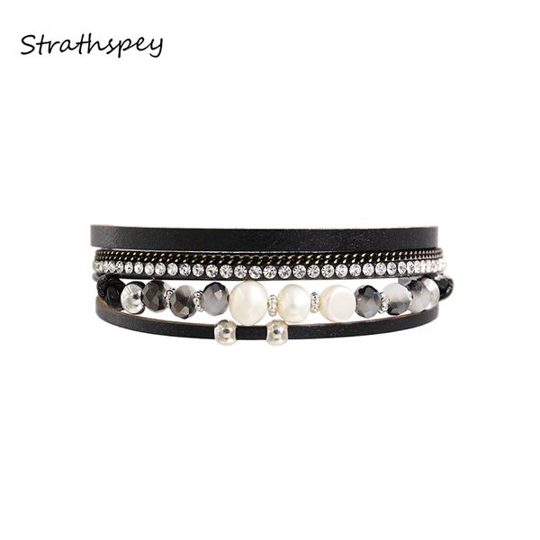 

strathspey beautiful wrap leather rhinestone bangle magnet charm bracelet with simulated pearl four layers women jewelry gift, Golden;silver