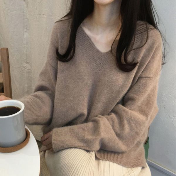 

autumn winter casual pullovers knitted sweater women loose long sleeve knitted pullover female v-neck solid sweater women q1778, White;black