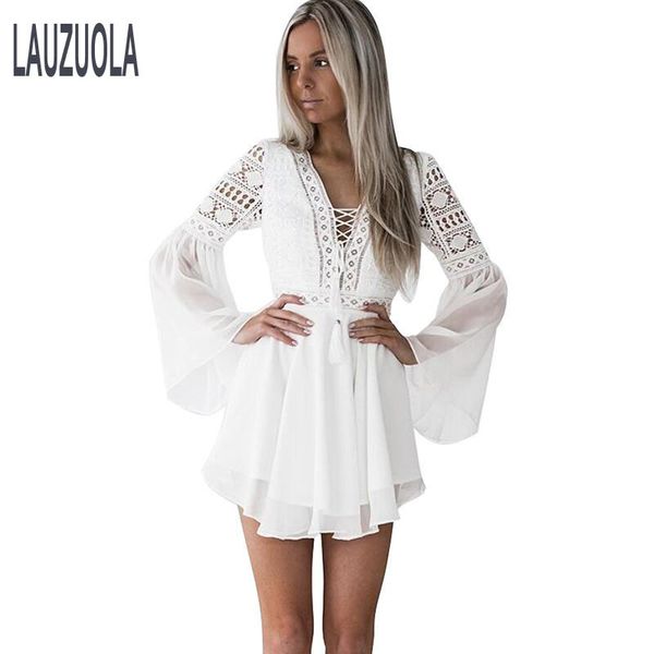 

hollow out white lace dress women mini chiffon sheer vintage pinup party v-neck long sleeve crochet summer dresses 2020, Black;gray