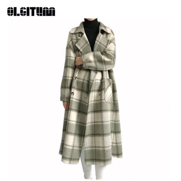 

new 2018 double-sided cashmere coat women winter retro plaid jacket loose long warm woolen coat cashmere female plus size, Black